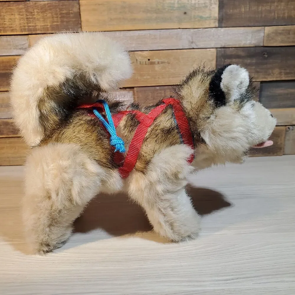 Kipmik Alaskan Husky Sled Dog 12” Realistic Fur Standing Plush Harness Blue Eyes